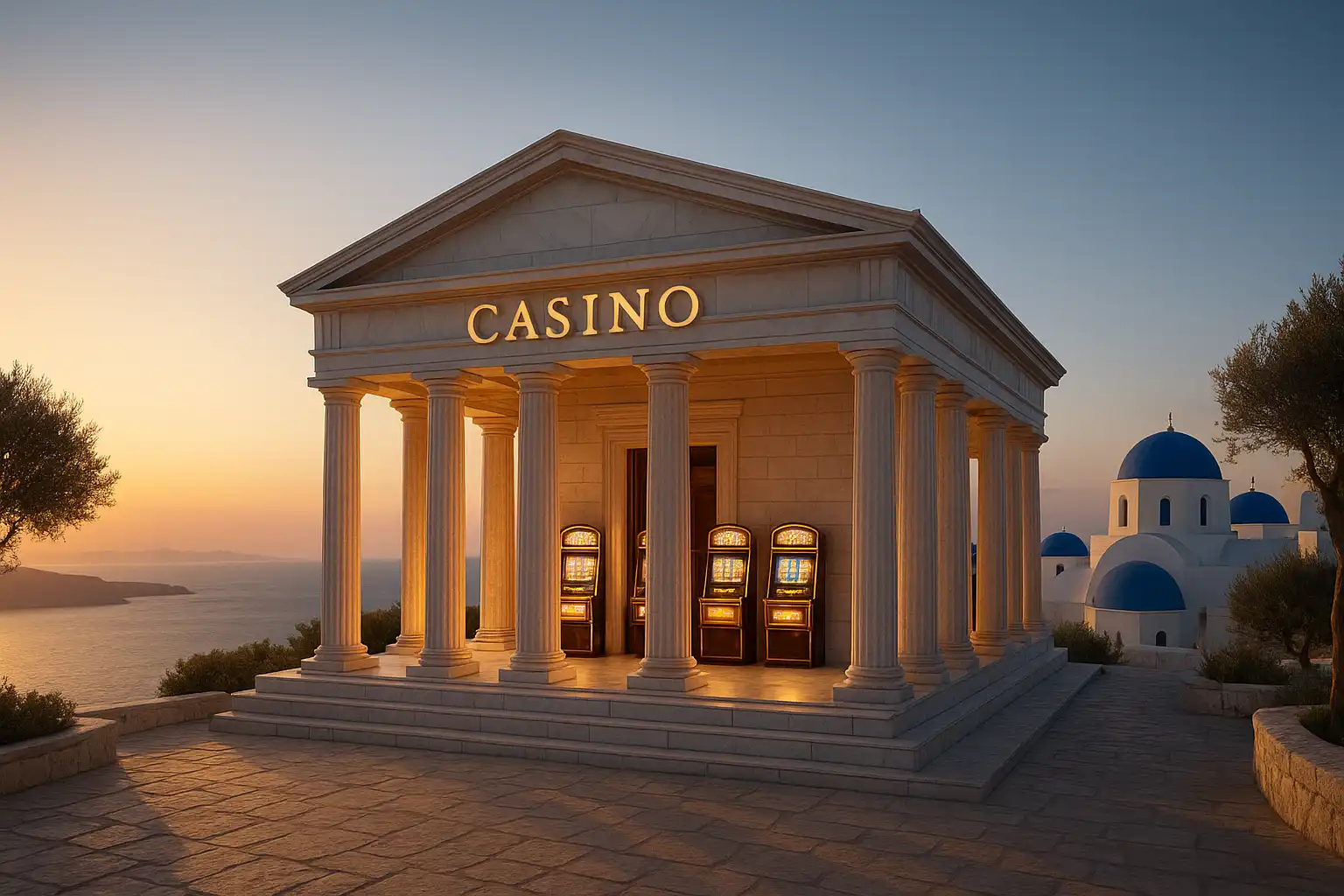 Luxurious GreekWin temple above the Aegean with blue domes at sunset