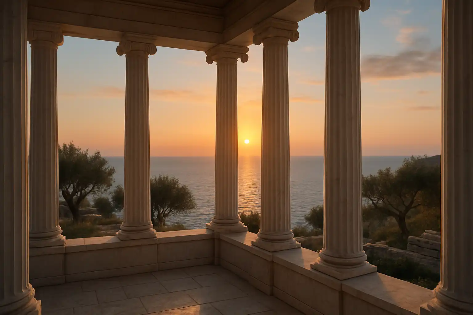 Marble temple columns at sunset over a blue sea, symbolizing the GreekWin identity