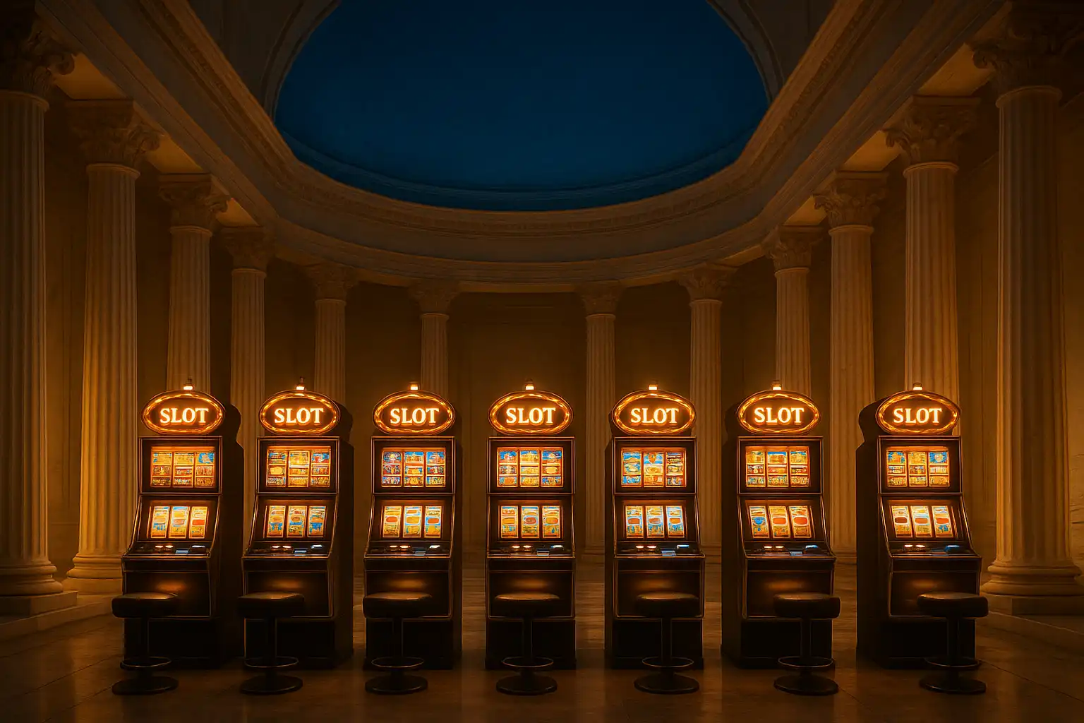 A row of luxurious slot machines inside a marble temple overlooking the Aegean