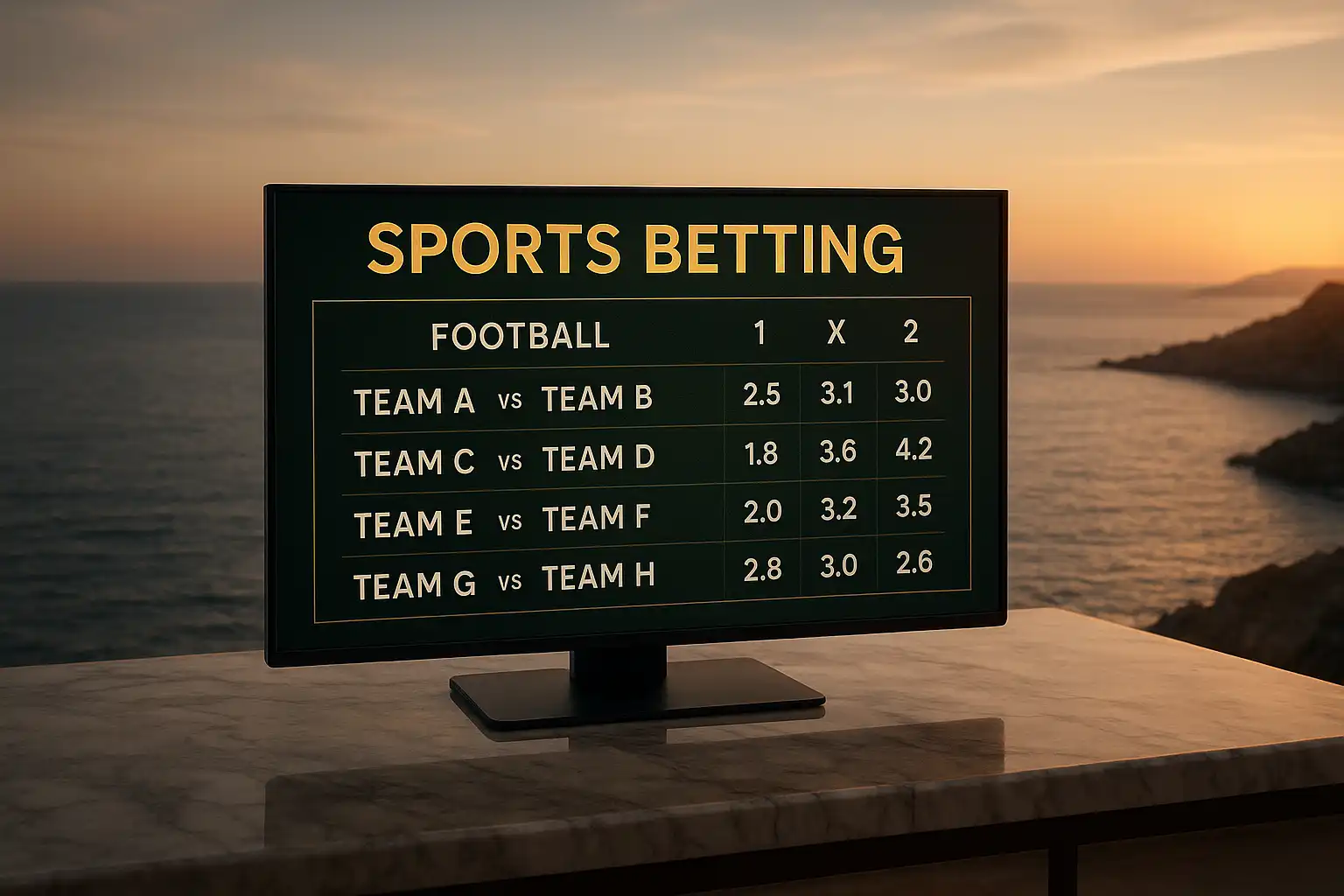 A betting screen with football odds on a marble table overlooking the sea