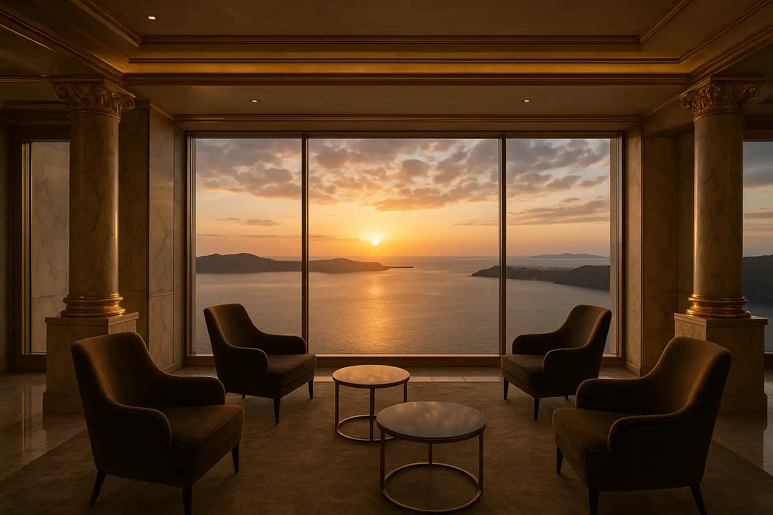A luxurious hall with gold detailing and a view of the Aegean, symbolizing the VIP Club