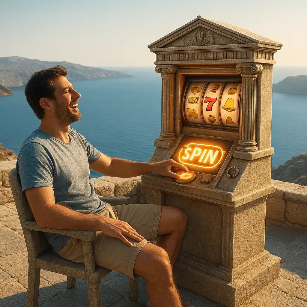 Player enjoying a slot machine with a view of the Aegean